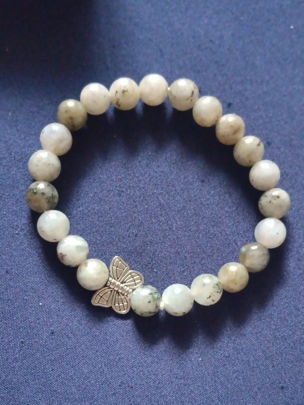 Butterfly Accent White-Grey Labradorite Beaded Stretch Bracelet
